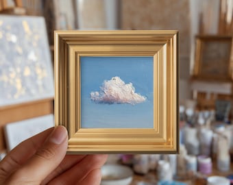 Fluffy Cloud Mini Original Ölgemälde, handgemalte Himmel Kunst, minimalistisches Kunstwerk, Geschenk für Freund, Schlafzimmer Galerie Wand Dekor