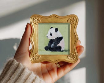 Sitting Panda Original Oil Painting, Mini Framed Wall Art, Hand Painted Panda Portrait, Bedroom Decor, Gift for Panda Lovers