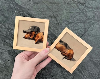 Conjunto de pintura al óleo original de perro salchicha, miniatura pintada a mano y enmarcada para pared, decoración para el hogar, retrato personalizado de mascota, regalo para amantes de los perros.