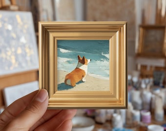 Mini Corgi at Beach Oil Painting, Hand Painted Original Dog, Puppy Gallery Wall art, Commission Portrait, Gift for Dogs Lover