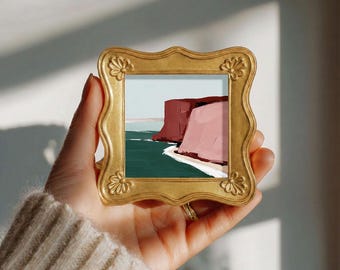 Quiet Sea Cliffs Oil Painting, Original Mini Seascape Art in Pink and Teal, Living Room Decor