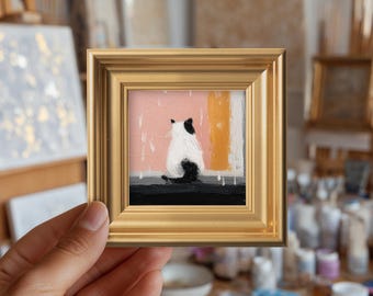 Rainy Window Cat Original Oil Painting, Mini Framed Canvas, Hand-Painted Art, Bedroom Decor, Animal Art, Custom Pet Portrait, Cat Lover Gift