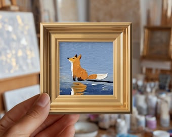 Fox by the Sea Original Oil Painting, Mini Framed Wall Art, Hand Painted Canvas, Bedroom Decor, Animal Art, Gift for Fox Lover