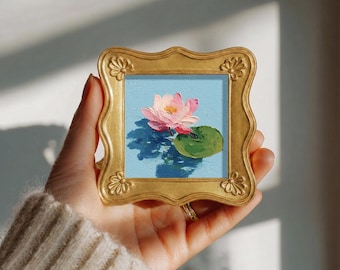 Origineel olieverfschilderij roze lotus, stilleven mini ingelijste muurkunst, handgeschilderd canvas, bladgoud decor, botanische kunstwerken