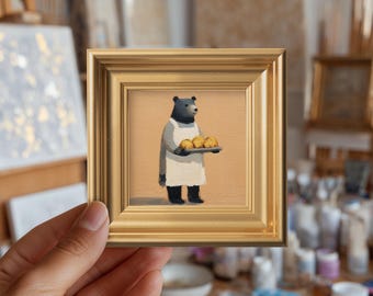 Süßer Bär Baker Mini Original Ölgemälde, Original Tier Kunst, Handgemaltes Wildtier Kunstwerk, Geschenk für Mama, Küche Galerie Wanddekoration