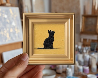 黒猫のシルエット油絵、ミニ額入り手描きキャンバス、ミニマリスト装飾、動物アート、猫好きへのギフト、カスタムペットポートレート
