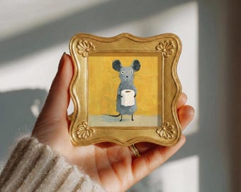 Tissue Mouse Original Oil Painting, Mustard Mini Bathroom Wall Art, Hand Painted Canvas Decor, Gift for Pet Lover