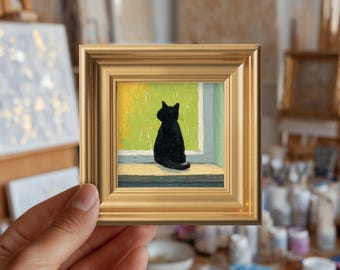 Grüne Fenster Katze Mini Original Ölgemälde, gerahmte handbemalte Leinwand, Wohnzimmer Dekor, Tierkunst, Katzenliebhaber Geschenk, Haustier Porträt nach Maß