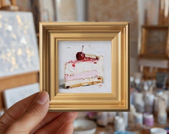 Mini Cherry Cake Canvas Oil Painting, Still Life Original Food Art, Hand Painted Abstract Artwork, Gift for Dessert Lover, Dining Room Decor