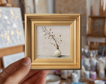 Mini cuadro al óleo de flores secas, flor original pintada a mano, decoración acogedora para la cocina, arte de pared de estilo neutro, regalo para mamá.