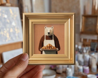 Mini peinture à l'huile originale ours boulanger & croissants, art animalier peint à la main, cadeau pour les gourmets, décoration murale de galerie de cuisine