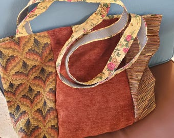 Large Vintage-Inspired Upholstery Tote – Handmade Upcycled Fabric Bag with Cotton Lining