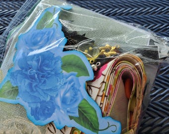 Small Junk Journal Starter Kit – Mystery Ephemera, Paper, Fabric Supplies