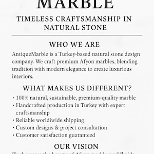 Puede incluir: Una tarjeta informativa blanca con texto negro titulada ANTIQUE MARBLE. Describe una empresa de dise&ntilde;o de piedra natural con sede en Turqu&iacute;a que elabora m&aacute;rmoles Afyon. El texto detalla la empresa, los m&eacute;todos de producci&oacute;n y su visi&oacute;n.