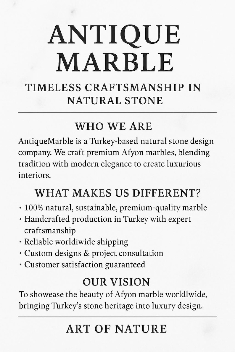 Puede incluir: Una tarjeta informativa blanca con texto negro titulada ANTIQUE MARBLE. Describe una empresa de dise&ntilde;o de piedra natural con sede en Turqu&iacute;a que elabora m&aacute;rmoles Afyon. El texto detalla la empresa, los m&eacute;todos de producci&oacute;n y su visi&oacute;n.