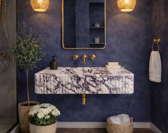 Calacatta Viola Marble Sink , Fluted Luxury Marble Bathroom Vanity