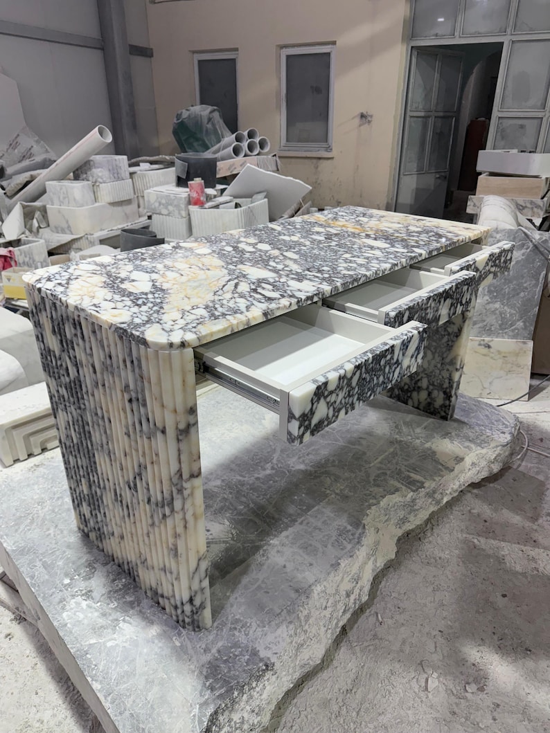 Handmade Calacatta Viola Marble Desk, Fluted Office Table, Custom Order ...