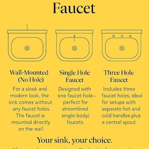 Puede incluir: Un gr&aacute;fico informativo amarillo titulado Customize Your Faucet. Muestra tres diagramas de lavabo: Wall-Mounted (No Hole), Single Hole Faucet y Three Hole Faucet. El texto explica cada configuraci&oacute;n para la instalaci&oacute;n del grifo.