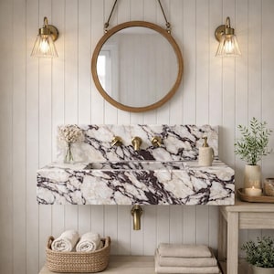 Lavabo en marbre Calacatta Viola, Lavabo mural sculpté à la main, Lavabo en pierre naturelle, Commande sur mesure