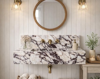 Calacatta Viola Marble Sink, Handcarved Wall Mounted Washbasin, Natural Stone Bathroom Sink, Custom Order