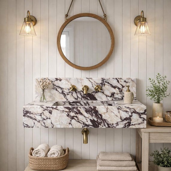 Calacatta Viola Marble Sink, Handcarved Wall Mounted Washbasin, Natural Stone Bathroom Sink, Custom Order