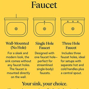 May include: An illustration on a yellow background showcases faucet customization options. The text reads "Customize Your Faucet." Three sink diagrams depict wall-mounted, single-hole, and three-hole faucet configurations, with accompanying descriptions.