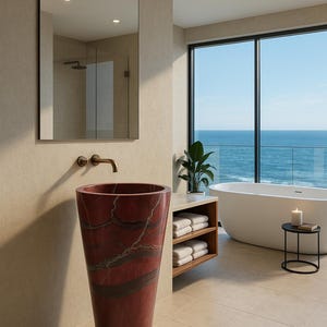 May include: A modern bathroom with a red marble pedestal sink, a large mirror, and a bathtub. The room has a neutral color palette with a view of the ocean through a large window. A small side table holds a candle.
