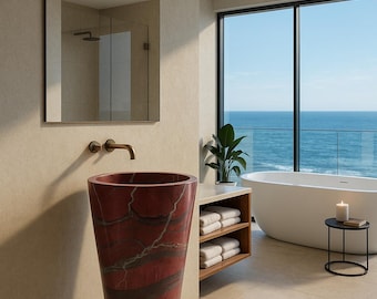 Pedestal Marble Sink, Rosso Levanto, Luxury Handcrafted Marble Basin