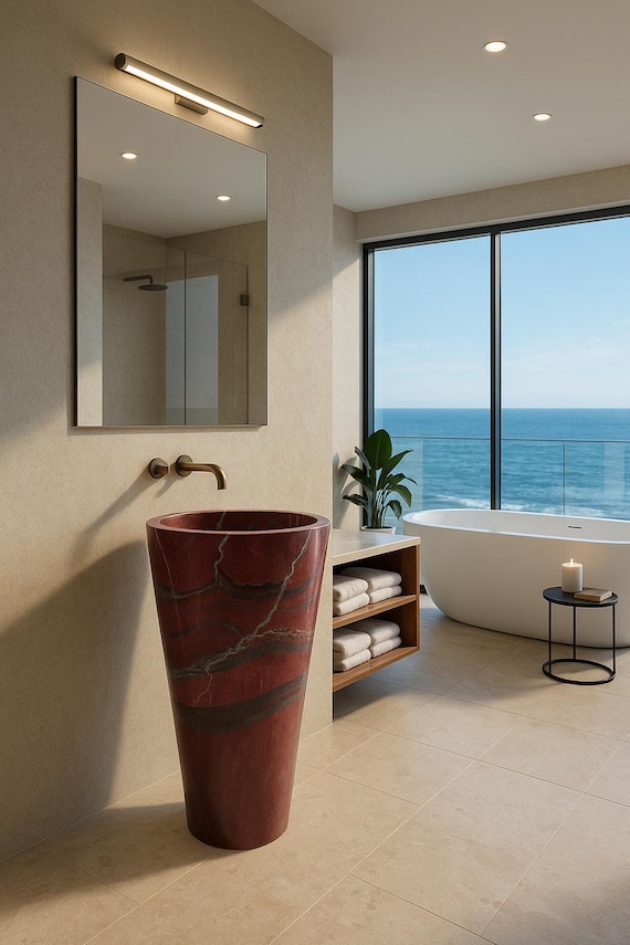 Pedestal Marble Sink, Rosso Levanto, Luxury Handcrafted Marble Basin