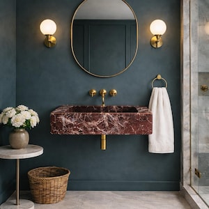 Lavabo de mármol Rosso Levanto, lavabo de pared, lavabo de baño, lavabo tallado a mano, piedra natural de lujo, tamaño personalizado imagen 1