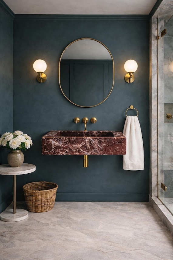 Marble Sink Rosso Levanto, Wall Mounted Sink, Bathroom Sink, Handcarved Sink, Luxury Natural Stone, Custom Size