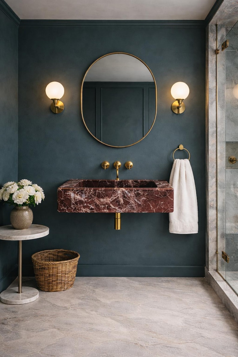 Lavabo de mármol Rosso Levanto, lavabo de pared, lavabo de baño, lavabo tallado a mano, piedra natural de lujo, tamaño personalizado imagen 1