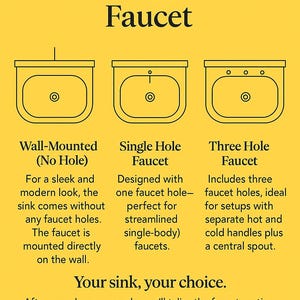 May include: An illustration on a yellow background showcases faucet customization options. The text reads "Customize Your Faucet." Three sink diagrams depict wall-mounted, single-hole, and three-hole faucet configurations, with accompanying descriptions.