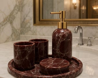 Conjunto de baño Rosso Levanto Marble - Bandeja de tocador, dispensador y vasos de piedra natural hechos a mano