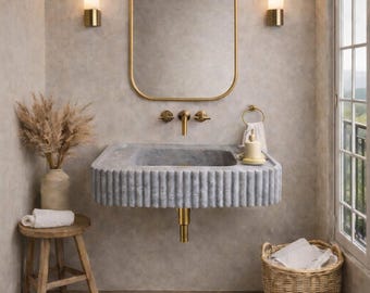 Lavabo de mármol gris tundra, lavabo de baño, lavabo tallado a mano, lavabo de mármol, piedra natural de lujo, pedido personalizado
