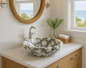 Lavabo de mármol Calacatta Viola, diseño floral tallado a mano, lavabo de baño de lujo, tocador de piedra natural