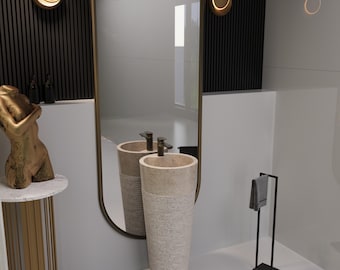 Hand Carved Vanity, Light Travertine Marble Basin, Luxury Pedestal Sink