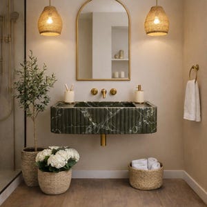 Lavandino in marmo verde Levanto, lavabo da bagno fatto a mano, mobiletto di lusso in pietra naturale
