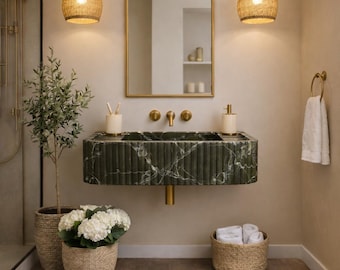 Green Levanto Marble Sink, Handmade Bathroom Basin, Luxury Natural Stone Vanity