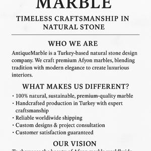 Puede incluir: Un p&oacute;ster con texto negro sobre fondo blanco. El texto dice "ANTIQUE MARBLE" y "TIMELESS CRAFTSMANSHIP IN NATURAL STONE." Describe una empresa turca de dise&ntilde;o de piedra natural.