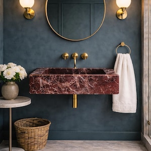 Lavabo de mármol Rosso Levanto, lavabo de pared, lavabo de baño, lavabo tallado a mano, piedra natural de lujo, tamaño personalizado imagen 3