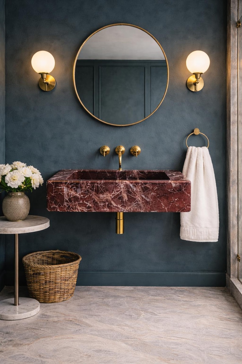 Lavabo de mármol Rosso Levanto, lavabo de pared, lavabo de baño, lavabo tallado a mano, piedra natural de lujo, tamaño personalizado imagen 3