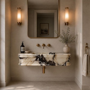 Lavabo de mármol Calacatta hecho a mano, tocador de baño de mármol estriado, lavabo de pared, lavabo de lujo a medida.