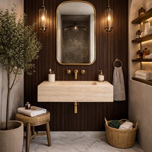 May include: A modern bathroom with a brown wood-paneled wall, a rectangular stone sink, and a gold-framed mirror. Two pendant lights hang above the sink. A small stool with a towel and a potted plant are in the foreground. A wicker basket sits on the floor.