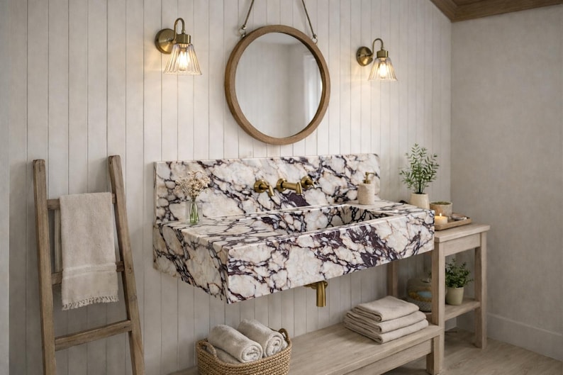 Puede incluir: Un lavabo de pared hecho de m&aacute;rmol blanco con vetas p&uacute;rpuras prominentes y grifos de lat&oacute;n. El lavabo se sit&uacute;a bajo un espejo redondo con marco de madera, flanqueado por dos apliques de pared de lat&oacute;n con pantallas de cristal.