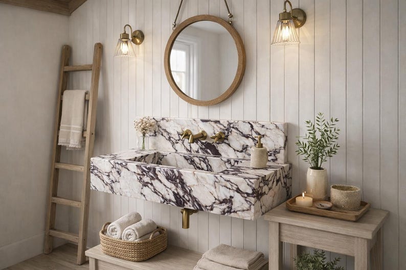 Puede incluir: Un lavabo rectangular montado en la pared hecho de m&aacute;rmol blanco con vetas de color p&uacute;rpura oscuro. El lavabo cuenta con grifer&iacute;a de lat&oacute;n, un espejo redondo con marco de madera encima y un toallero de escalera de madera a la izquierda.