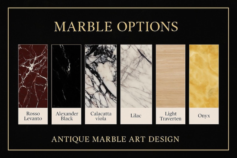 Puede incluir: Imagen que muestra opciones de m&aacute;rmol con el texto "MARBLE OPTIONS" y "ANTIQUE MARBLE ART DESIGN". Las muestras de m&aacute;rmol incluyen Rosso Levanto, Alexander Black, Calacatta viola, Lilac, Light Traverten y Onyx.