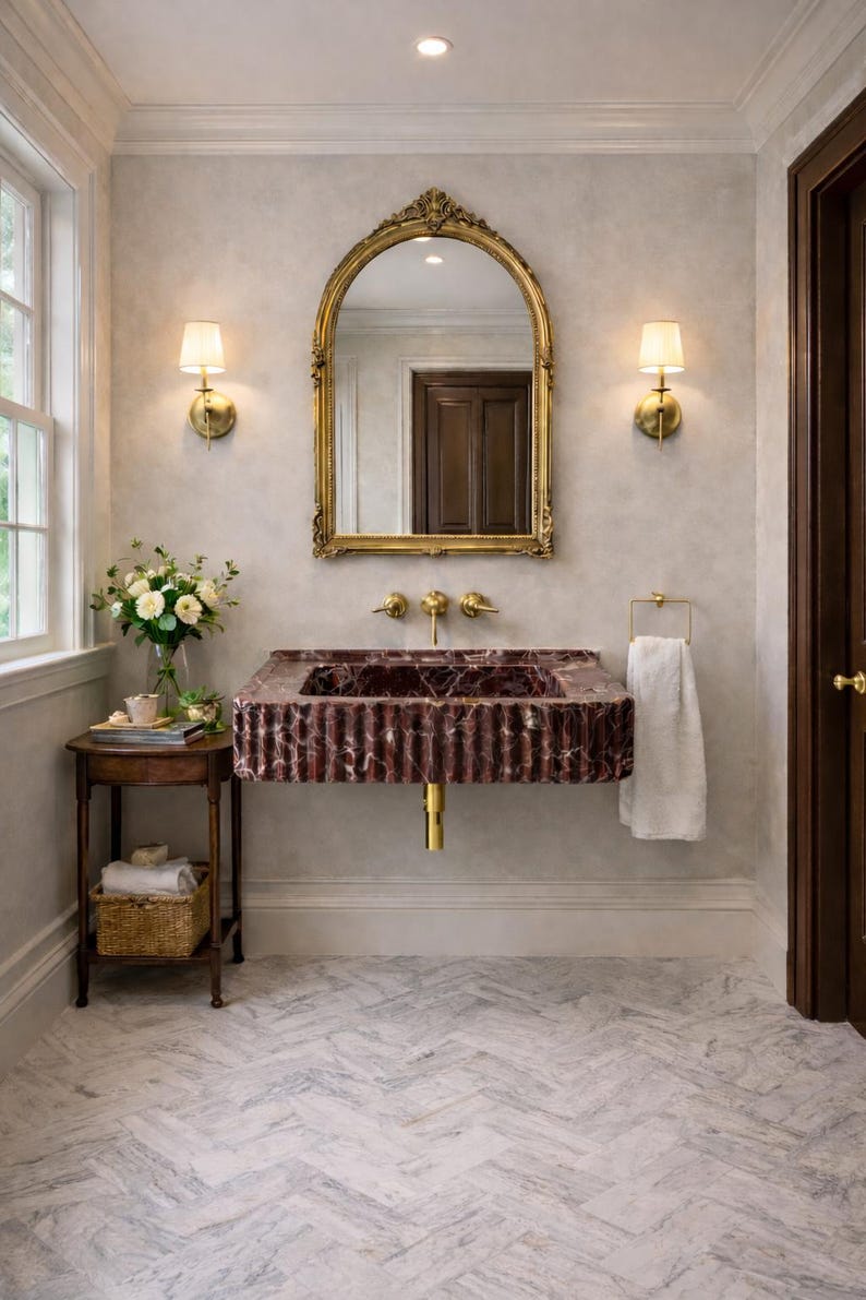 Rosso Levanto Marble Sink, Handcarved Marble Sink, Bathroom Sink, Luxury Natural Stone Basin, Custom Order image 1