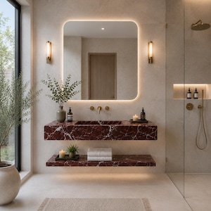 Lavabo de mármol Rosso Levanto, mueble de baño suspendido, lavabo de lujo tallado a mano, tamaño personalizado.