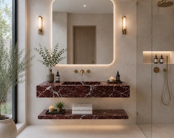 Lavabo in marmo Rosso Levanto, mobile bagno a parete, lavabo di lusso intagliato a mano, dimensioni personalizzate